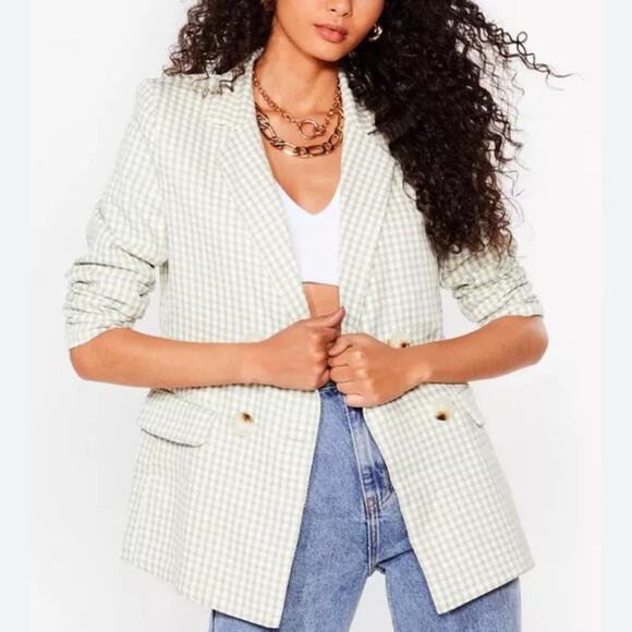 Nasty Gal The Checks In The Mail Double-Breasted Blazer in Sage - Picture 1 of 7